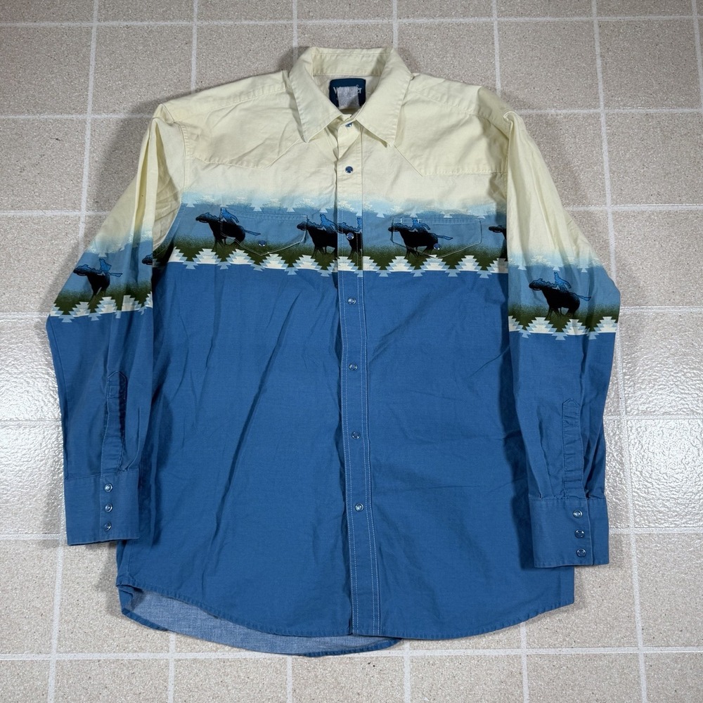 VTG 90s Wrangler Brushpopper Western Shirt Sz L Cowboy Horse Aztec Pearl Snap